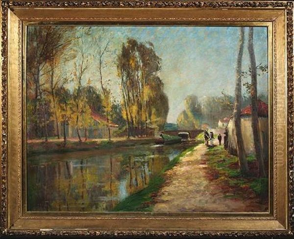 Herbstliche Kanallandschaft Mit Lastboot Oil Painting by Eugene Stibbe