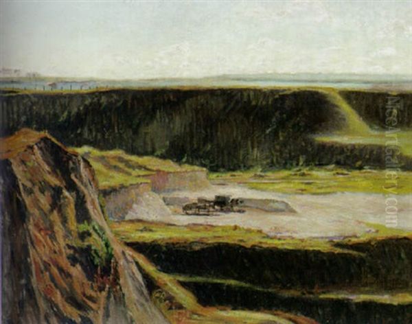 Steinbruch Mit Pferdefuhrwerken Und Fluslandschaft In Nordfrankreich by Eugene Stibbe