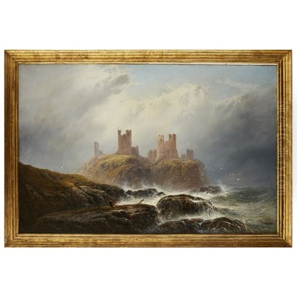 A View Of Dunstanborough Castle, Northumberland Oil Painting by George Blackie Sticks