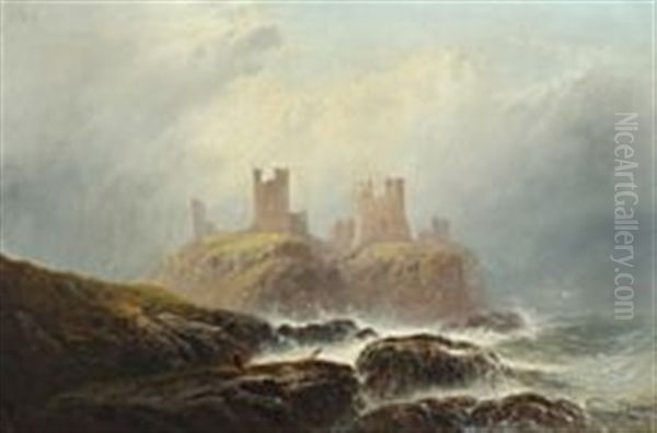 Costal Scenery At Dunstanburgh Castle In Northumberland Oil Painting by George Blackie Sticks