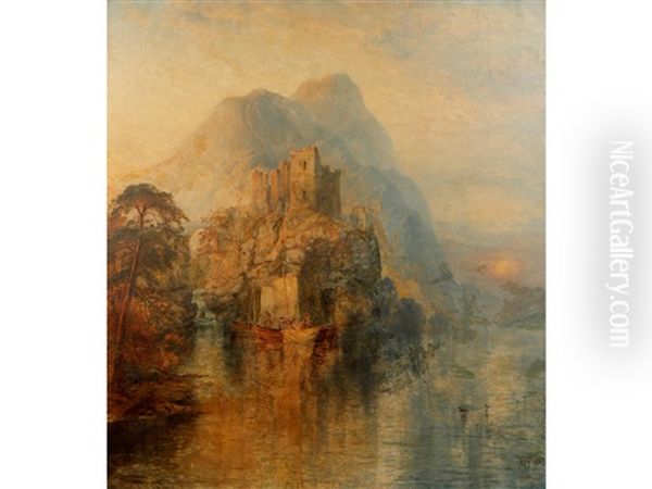 A View Of A Castle Atop A Cliff Stack With Fishing Skiffs To The Foreground And Mountains Beyond Oil Painting by George Blackie Sticks