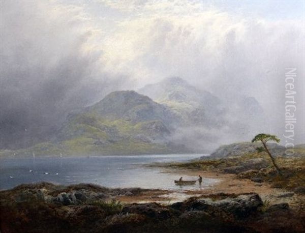 A Misty Day, The Silver Strand, Loch Katrine Oil Painting by George Blackie Sticks