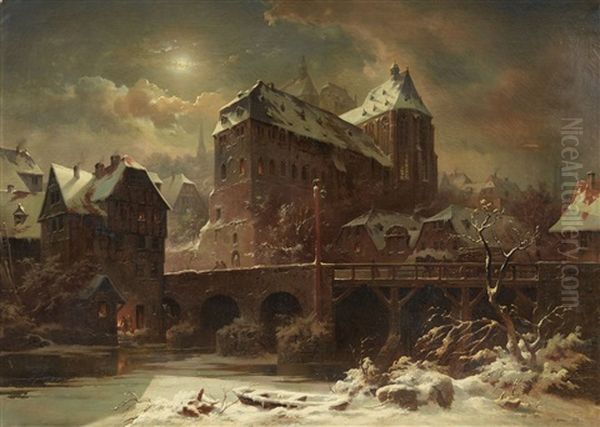 View Of Marburg With The Old University, Lahnbrucke And Deutschherrenmuhle Oil Painting by Eduard Elias Stiegel