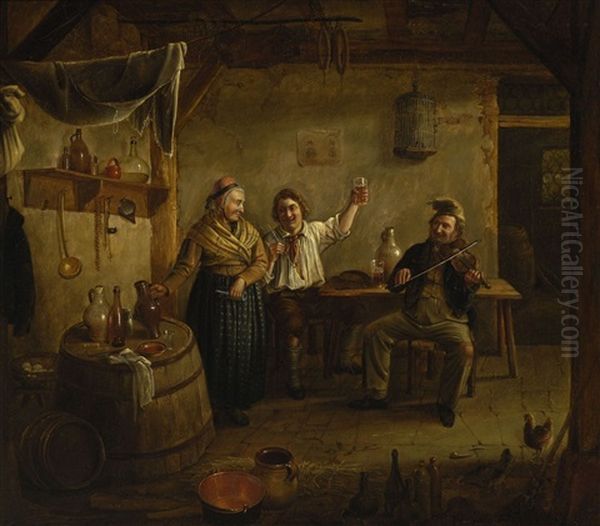 In Der Stube Freuen Sich Die Eltern Uber Den Besuch Ihres Sohnes Oil Painting by Eduard Elias Stiegel