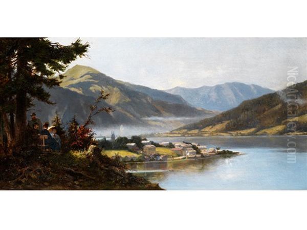 Blick Uber Den Tegernsee Mit Grasberg, Richtung Kreuth Oil Painting by Eugen Ritter von Stieler