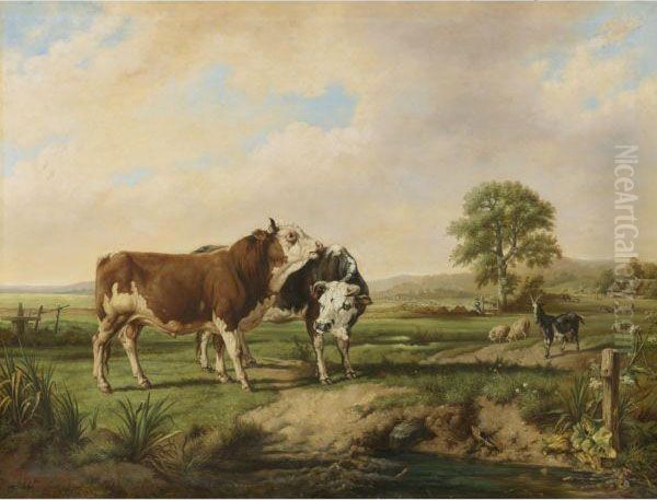 Bulls, Sheep, And A Goat At Pasture Oil Painting by Jacques Raymond Bracassat