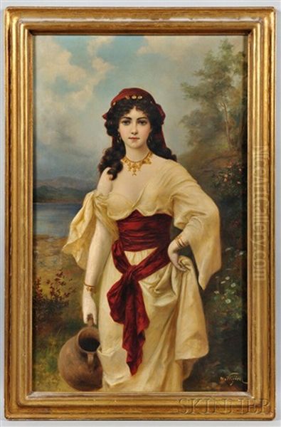 An Eastern Beauty Carrying A Water Jug Oil Painting by Moritz Stifter