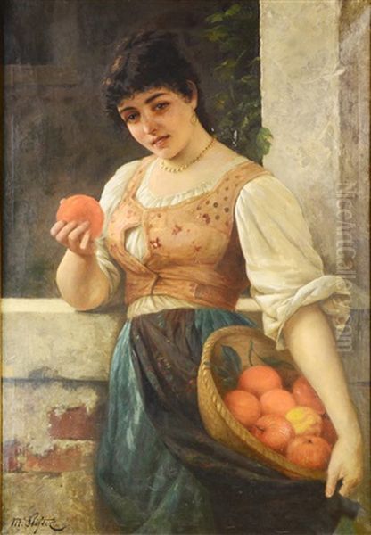 A Woman Selling Apples Oil Painting by Moritz Stifter