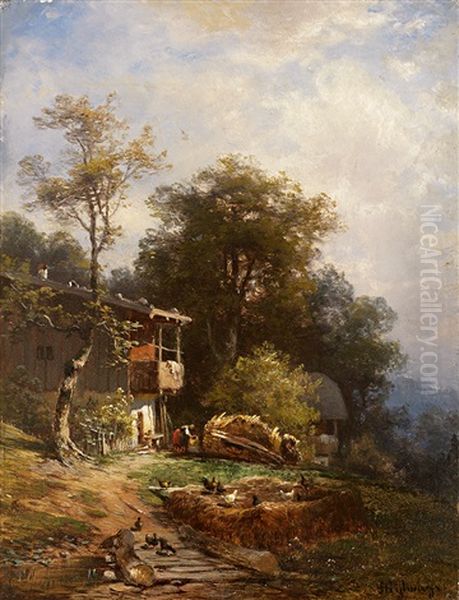 Malerisches Gehoft In Den Voralpen Mit Figurenstaffage Und Huhnerhof Oil Painting by Adolf Stiglmayr