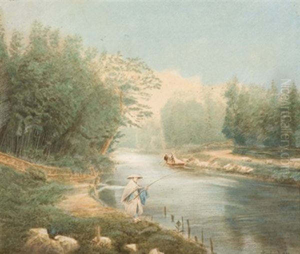 Japanische Flusslandschaft Mit Angler Oil Painting by Raimund von (Baron) Stillfried-Rathenitz