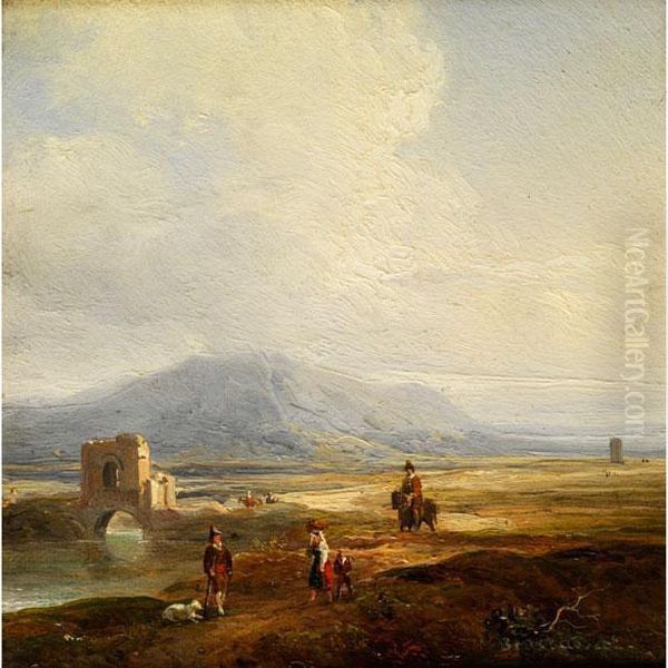 Sudliche Landschaft Mit Flusslauf Anantiker Brucke Und Figurenstaffage Mit Reiter Oil Painting by Jacques Raymond Bracassat