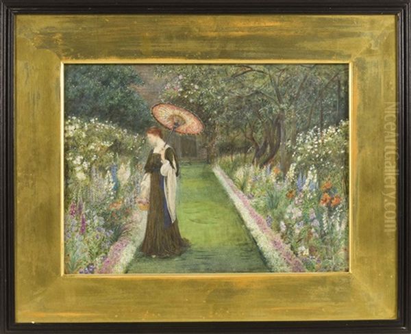 Lady With A Parasol In A Garden Oil Painting by Marie Spartali Stillman