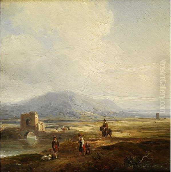 Sudliche Landschaft Mit Flusslauf An Antiker Brucke Oil Painting by Jacques Raymond Bracassat