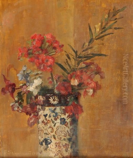 Blumenstrauss In Weisser Vase Mit Floralem Dekor Oil Painting by Fritz (Friedrich) Stirnimann