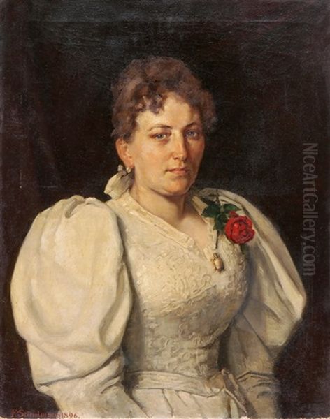 Bildnis Einer Jungen Frau In Weissem Kleid Mit Roter Rose Und Medaillon Oil Painting by Fritz (Friedrich) Stirnimann