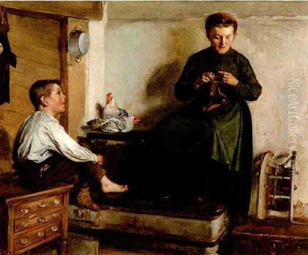 Darning The Sock Oil Painting by Fritz (Friedrich) Stirnimann