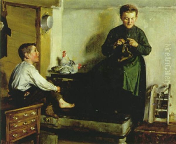 Strickende Mutter Mit Sohn Beim Ofen Oil Painting by Fritz (Friedrich) Stirnimann