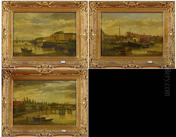 Scenes Portuaires (3 Works) Oil Painting by Jan (Jean Baptiste) Stobbaerts