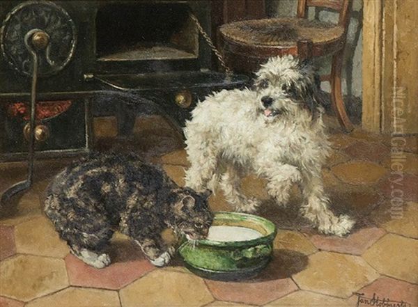 Dog And Cat In The Kitchen Oil Painting by Jan (Jean Baptiste) Stobbaerts