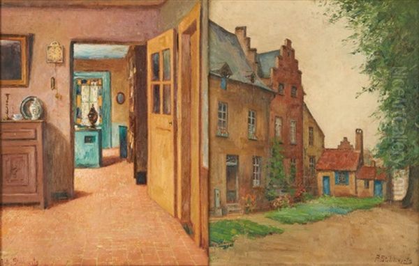 Interieur Et Ruelle (2 Works) Oil Painting by Pieter Stobbaerts