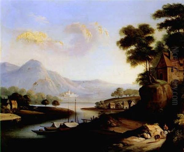 Landschaft Mit Fluss, Schiffern, Gebirge Und Burgen Oil Painting by Johann Heinrich Stobwasser