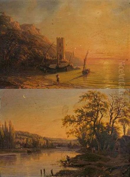 Cote Mediterraneenne Au Crepuscule (+ Vue D'un Viaduc Dans Un Paysage Mediterraneen; Pair) Oil Painting by Henri Charles Stock