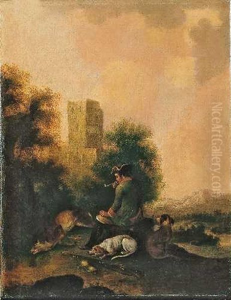 Zwei Gemalde Mit Hofischen Jagern, Hunden Und Erlegtem Wild. Oil Painting by Magnus Brasch