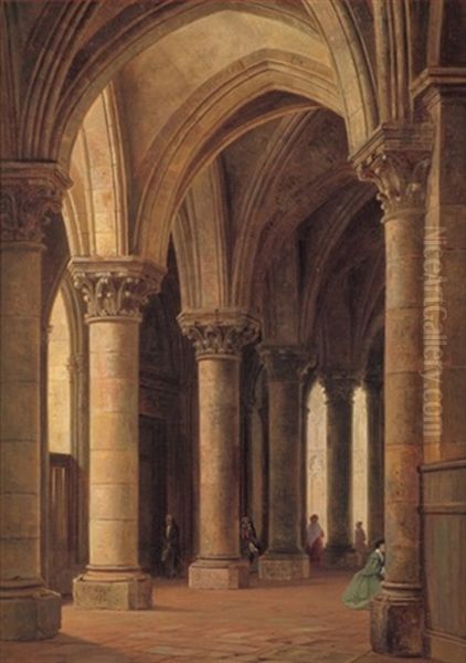 Blick In Ein Gotisches Kirchenschiff Mit Mehreren Besuchern Oil Painting by Johann Friedrich Stock