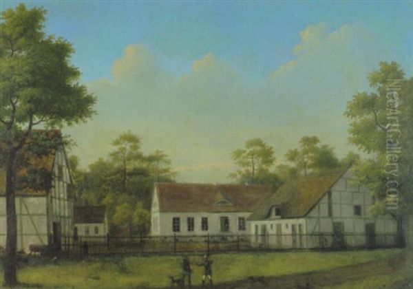 Gehoft In Der Mark Brandenburg, Im Vordergrund Jager Mit Ihren Hunden Oil Painting by Johann Friedrich Stock