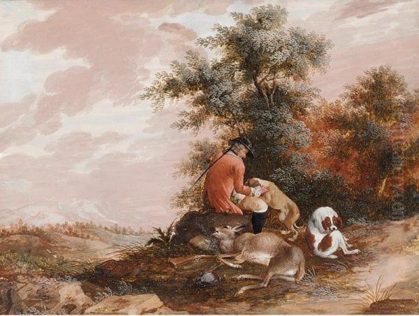 A Hunter And His Dogs Resting By Their Catch Oil Painting by Magnus Brasch