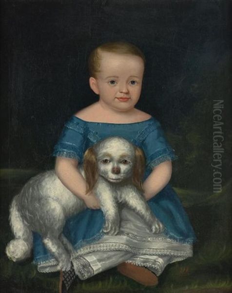 Boy In A Blue Dress With His Dog Oil Painting by Joseph Whiting Stock