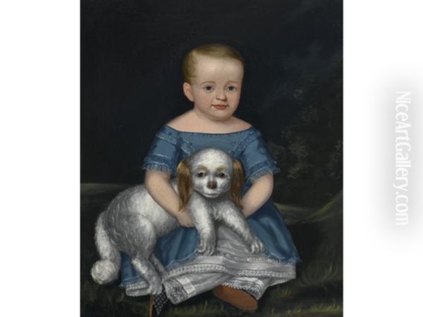 Girl In A Blue Dress With Her Pet Dog Oil Painting by Joseph Whiting Stock