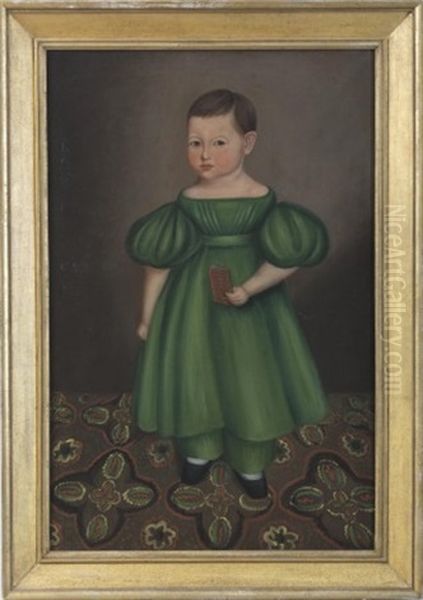 Child In A Green Dress Standing On A Patterned Carpet Oil Painting by Joseph Whiting Stock