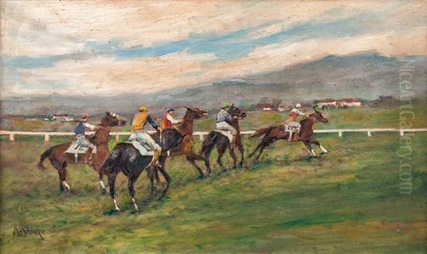 Horse Race Oil Painting by Alfred Stoecke