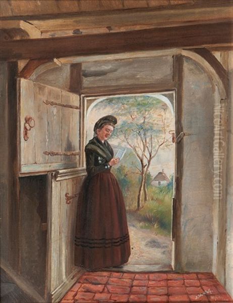 Diele Mit Frau In Fohrer Tracht Oil Painting by Julius Stockfleth