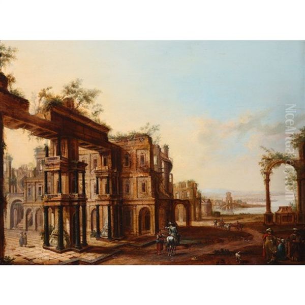 A Capriccio By The Sea With Figures And An Artist Sketching Oil Painting by Christian Stoecklin