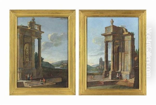 A Classical Capriccio With Figures Conversing; And A Classical Capriccio With Figures Conversing And Travellers On A Path Oil Painting by Christian Stoecklin