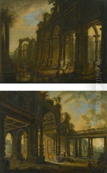 Architectural Palace Capriccio With Figures Conversing; Architectural Ruins With Figures Beside A Fountain Oil Painting by Christian Stoecklin