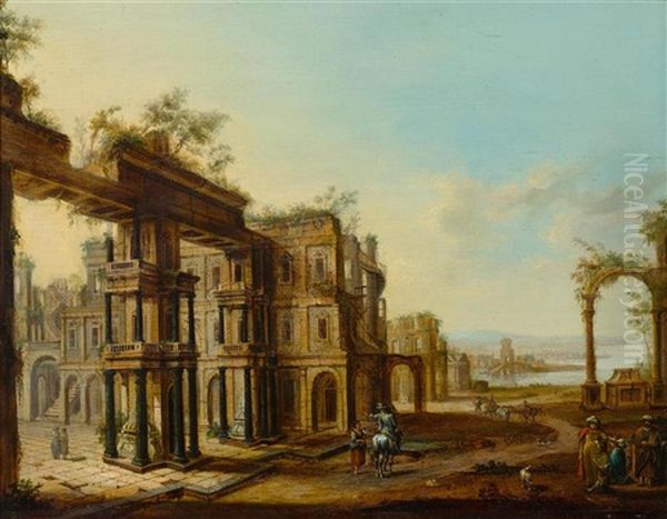 An Architectural Landscape With Figures And An Artist Sketching Oil Painting by Christian Stoecklin