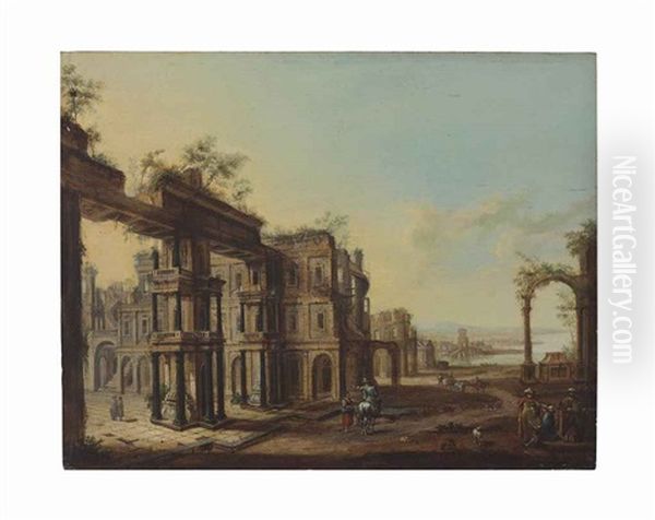 An Architectural Capriccio Of Ruins By The Sea With Figures And An Artist Sketching In The Foreground Oil Painting by Christian Stoecklin