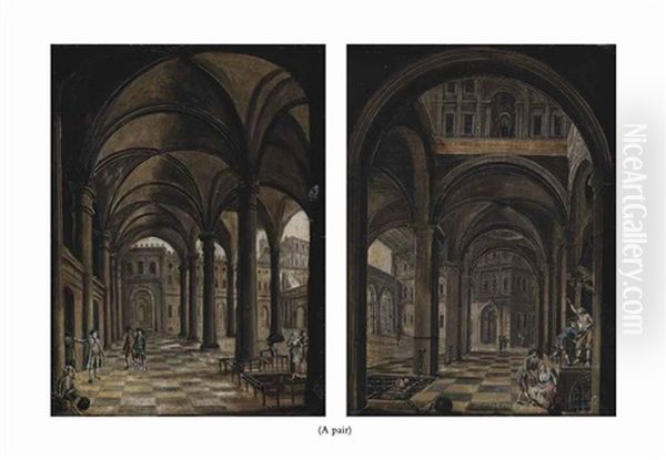 Elegant Cloisters With Peasants And Elegant Cloisters With Peasants In Chains (pair) Oil Painting by Christian Stoecklin