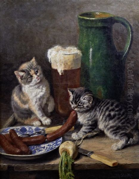 Kittens At Play On A Table Top Oil Painting by Minna Stocks