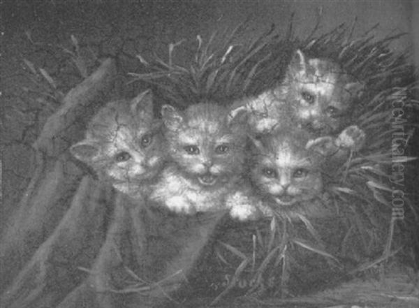 Ein Quartett - Junge Katzen In Einem Korbchen Oil Painting by Minna Stocks