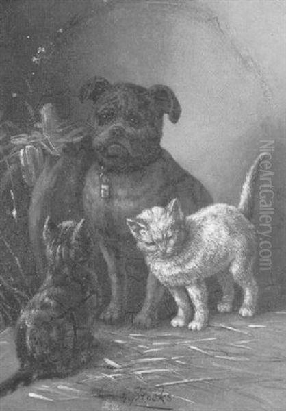 Sitzender Hund Mit Zwei Katzen Oil Painting by Minna Stocks