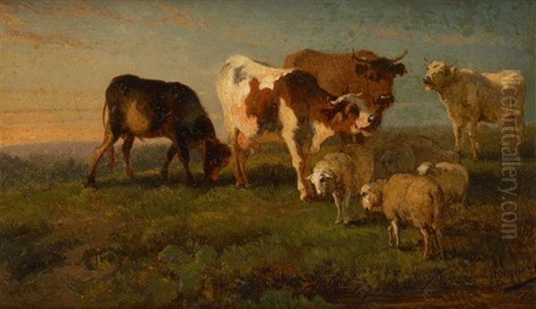 Vaches Et Moutons Oil Painting by Ildephonse Stocquart