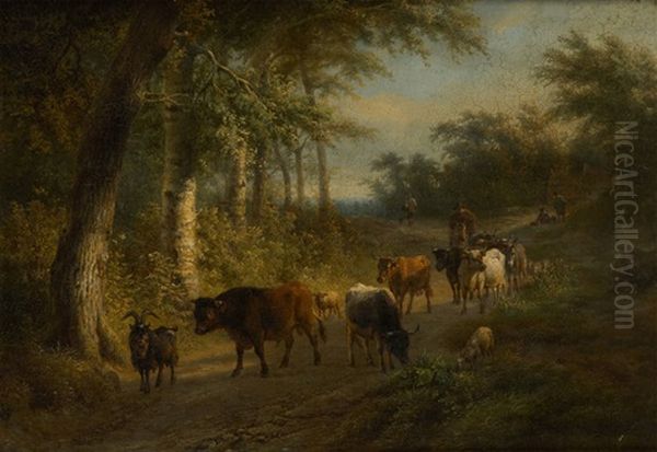 Troupeau De Vaches Et Moutons Dans Une Clairiere Oil Painting by Ildephonse Stocquart