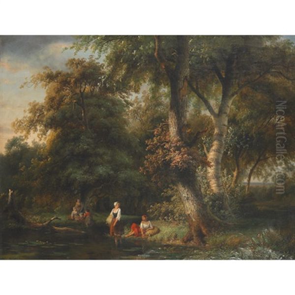 Young Field Workers Bathing And Resting In A Forest Pool Oil Painting by Ildephonse Stocquart