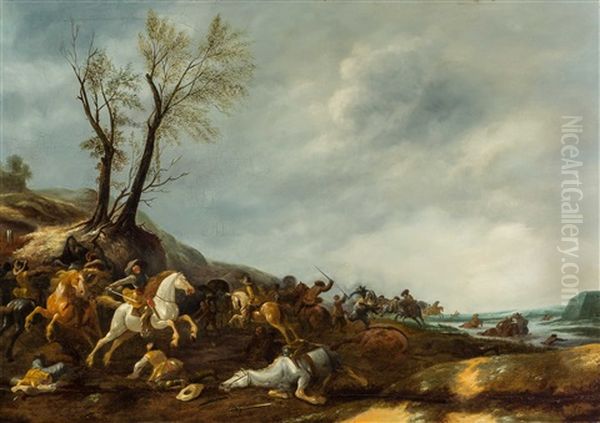 Cavalry Battle Nearby A River Oil Painting by Jan Jacobsz van der Stoffe