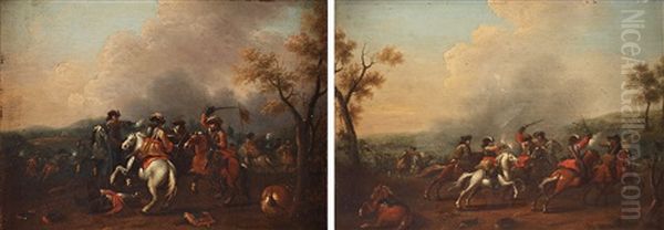 Battle Scenes, A Pair Oil Painting by Jan Jacobsz van der Stoffe