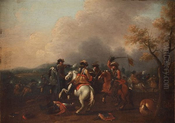 Battle Scenes (pair) Oil Painting by Jan Jacobsz van der Stoffe